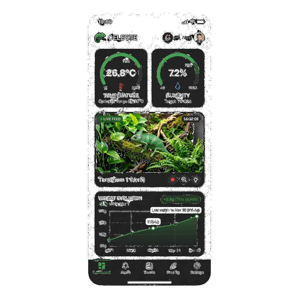 Celeste Exóticos App Mockup Dashboard